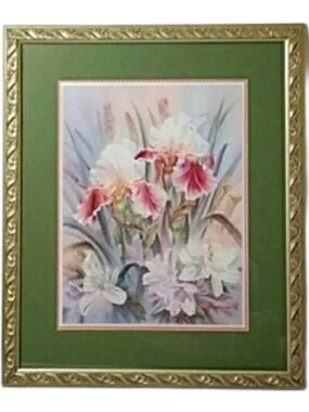 Rare Vintage Signed Floral Print Gold Gilt Frame Ann Chen Regency Watercolor Art